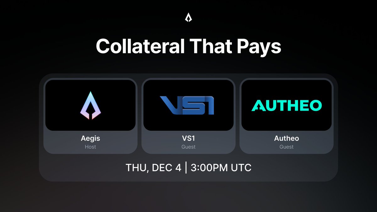 Aegis AMA

A session focused on yield-bearing collateral and how it is shaping the next generation of stablecoins and synthetic dollars.

🗓️ Wed, Dec 4
⏰ 3:00PM UTC

Guests: <a href="/vs1_finance/">VS1</a> and <a href="/Autheo_Network/">Autheo</a>

Join us for a discussion on how collateral can generate yield, improve
