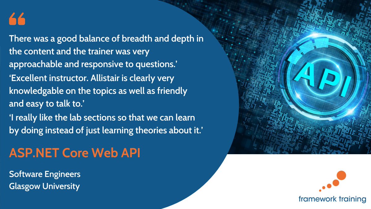 FrameworkTrain's tweet image. Great session with the @UofGlasgow on ASP.NET Core Web API!
Appreciate the amazing feedback—especially on the hands-on labs and approachable instructor.

Always a pleasure helping devs level up.

#dotnetcore #aspnetcore #webapi