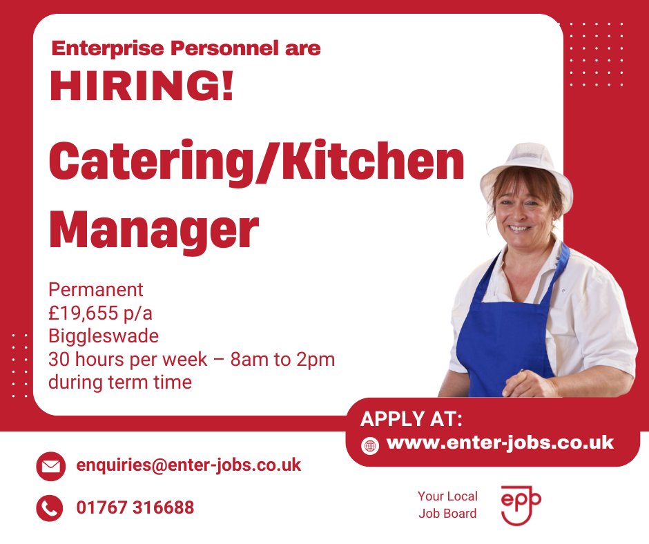 EnterJobs's tweet image. Enterprise Personnel's client are recruiting a Catering Manager in Biggleswade.
Apply now via our website! 

#cateringjobs #kitchenmanager #kitchenjobs #managerjobs #schoolcaterer #schoolkitchenjobs #schoolcatererjobs #cateringmanager #hospitalityjobs #biggleswade #bedfordshire