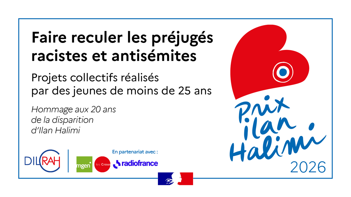 bretagnegouv's tweet photo. #TousUnisContreLaHaine | La 8e Ă©dition du #PrixIlanHalimi est lancĂ©e. Ce prix met Ă lâhonneur lâengagement de la jeunesse contre les prĂ©jugĂ©s et les stĂ©rĂ©otypes racistes et antisĂ©mites.
đïž Candidatures ouvertes jusquâau 21 dĂ©cembre 2025
âčïž https://t.co/b4cr9VgJFb https://t.co/mniM8VIfS0