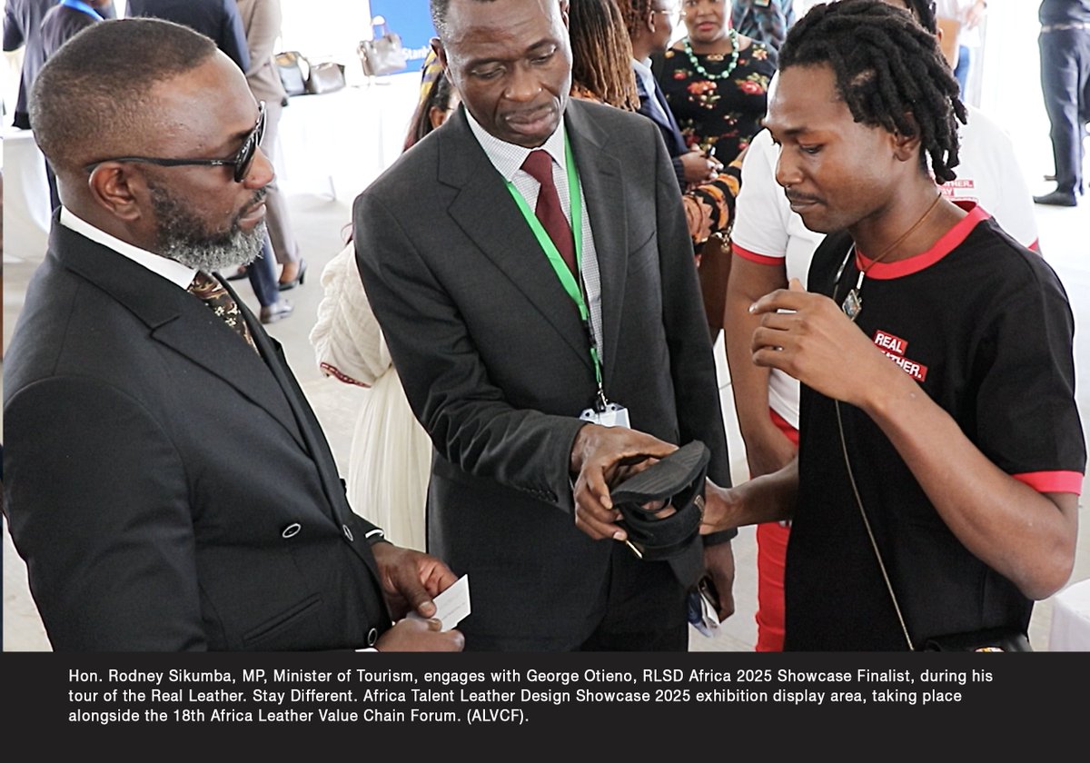 “Lusaka Wrapped.”
A showcase! A statement! A celebration! Hon. Rodney Sikumba, MP, Minister of Tourism, engaged with RLSD Africa 2025 Showcase Finalists during his tour of the Real Leather. Stay Different. Africa Talent Leather Design Showcase 2025 exhibition display area, taking