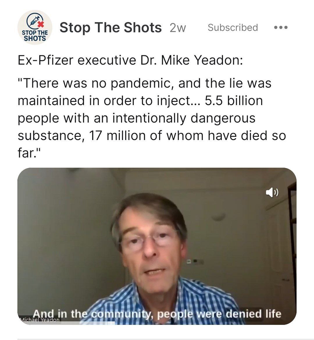 JanoJano1977's tweet image. Bývalý výkonný riaditeľ spoločnosti #Pfizer Dr. Mike Yeadon:
„Neexistovala žiadna pandémia a lož bola udržiavaná s cieľom vstreknúť 5,5 miliarde ľuďom zámerne nebezpečnú látku, z ktorých doteraz zomrelo 17 miliónov.

Ľudia boli oklamaní podvodnými testami, ktoré by im potvrdili…