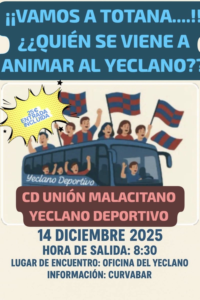 Juntos somos más fuertes,....
Vamos a Totana a no dejar al equipo solo...
Quién se apunta? 
25€ viaje en bus y entrada ...
8:30 en las oficinas del <a href="/Yeclano_dptvo/">Yeclano Deportivo</a> 
Y vuelta a las 14:00 aprox 
¡¡Veniros todos a animar!!