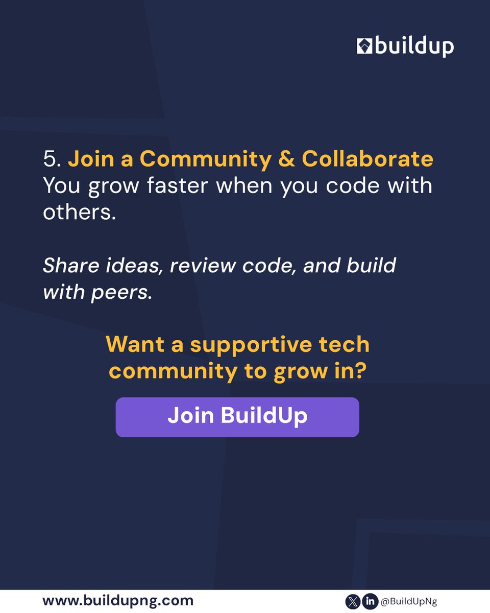 BuildUpNg's tweet image. Start applying these today — small steps compound into big growth.
Keep learning. Keep building. Keep improving. 
Join BuildUp buildupng.com

 #buildup #techlearning #juniordevelopers