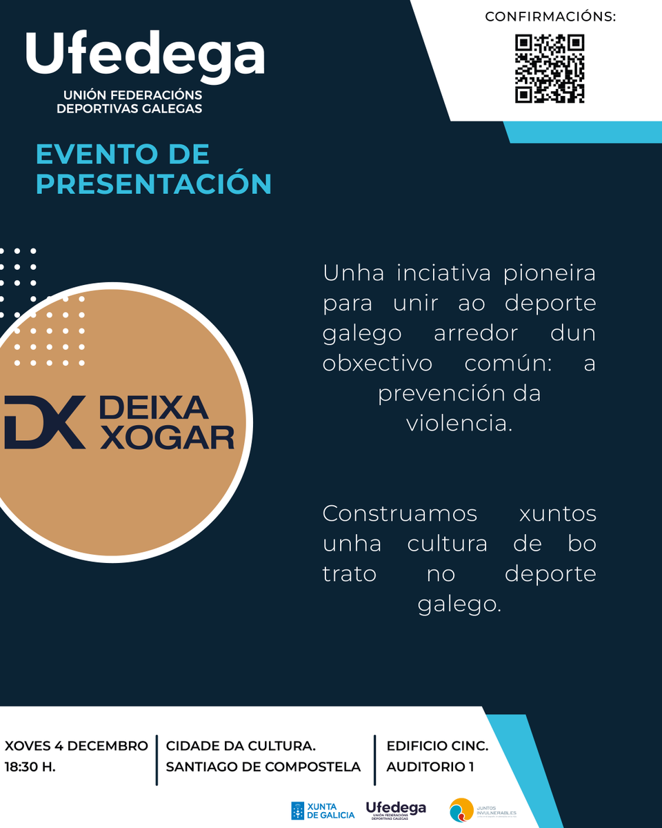 UFEDEGA_'s tweet photo. Presentamos DEIXA XOGAR.

Un proxecto pioneiro para unir ao deporte galego arredor dun obxectivo común: pervir a violencia e protexer o benestar da infancia e a adolescencia no deporte base. https://t.co/ewPrYCppAc