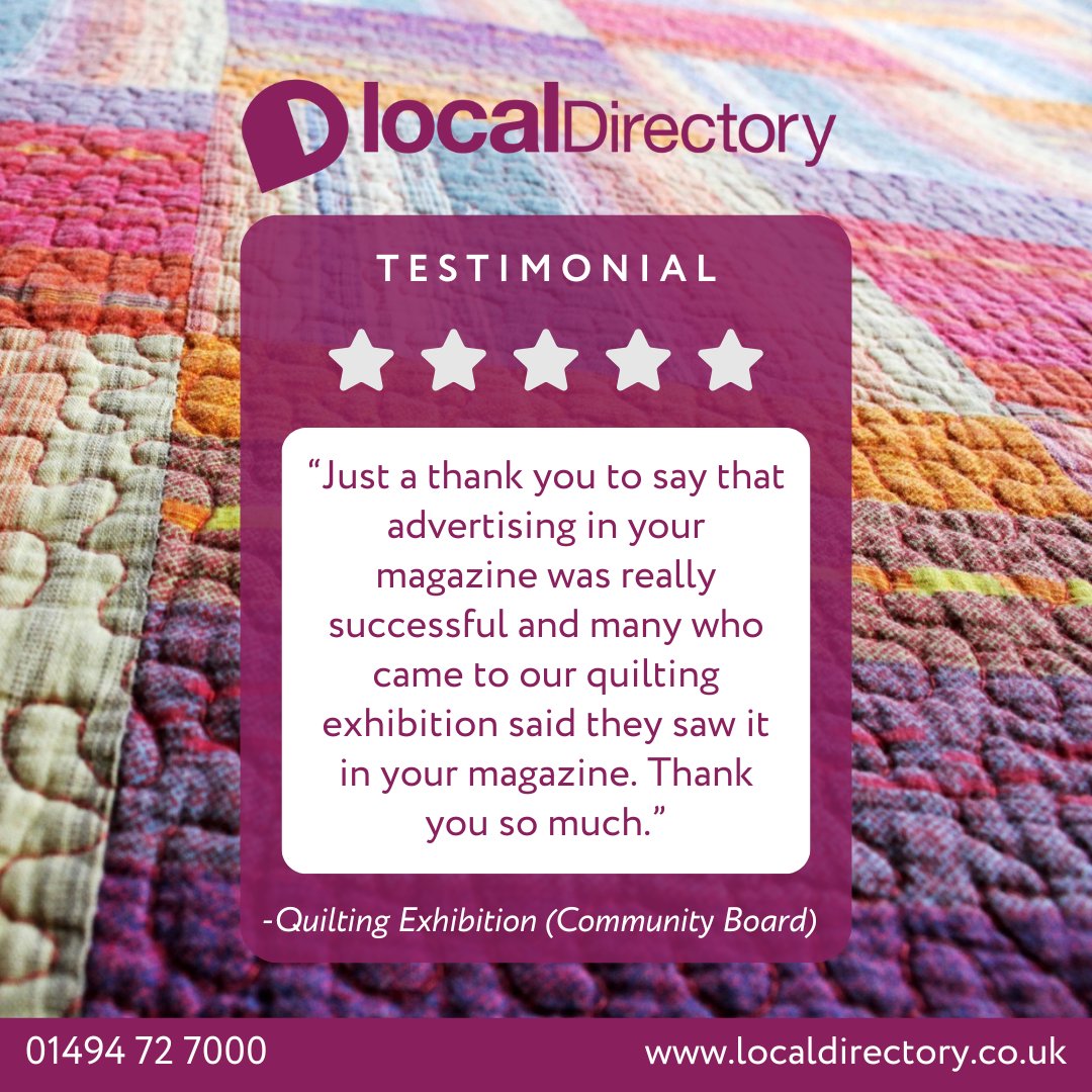 ⭐️⭐️⭐️⭐️⭐️ Another wonderful testimonial! We love hearing how our magazines help local events and businesses thrive. Thank you to the Quilting Exhibition team for sharing your success with us 💜 Want results like these? Get in touch today! 📞 01494 72 7000