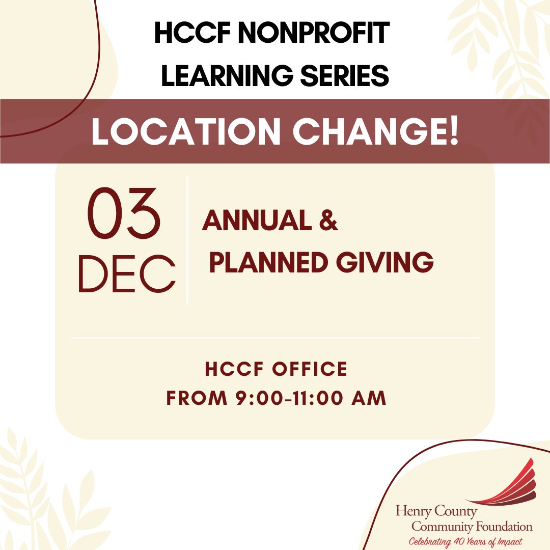 The Nonprofit Learning Series has a location change!

Please join us at the HCCF today, 12/3, from 9:00 AM to 11:00 AM.