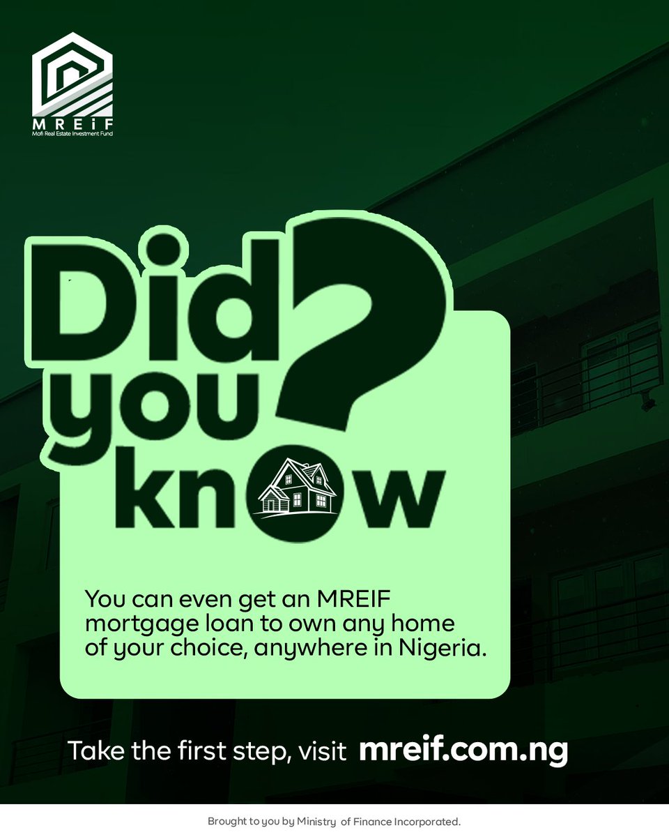 mreifng's tweet photo. The beautiful thing about the MREIF mortgage scheme is that you can also own any home that fits your dream, anywhere in Nigeria and with ease.
All you need to do is find it and finance it with MREIF.
Your clear path to homeownership
#MOFI #mortgage https://t.co/NRvvN7Hrc8