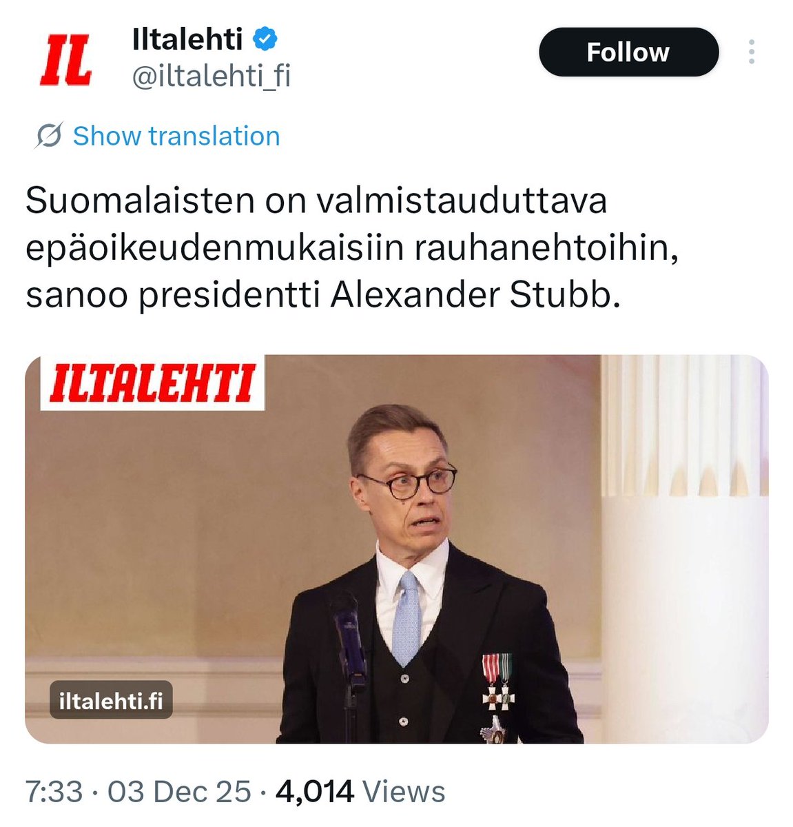 Stubb on tunnustanut Ukrainan tappion. Nyt seuraavaksi oikeudenkäynnit miksi suomalaisten rahat on pumpattu tähän häviäväksi tiedettyyn SOTAAN vastoin suomalaisten tahtoa, liittämällä Suomi laittomasti Natoon käynnissä olevan Nato-konfliktin aikana. Stubb ja kumppanit kaikki on