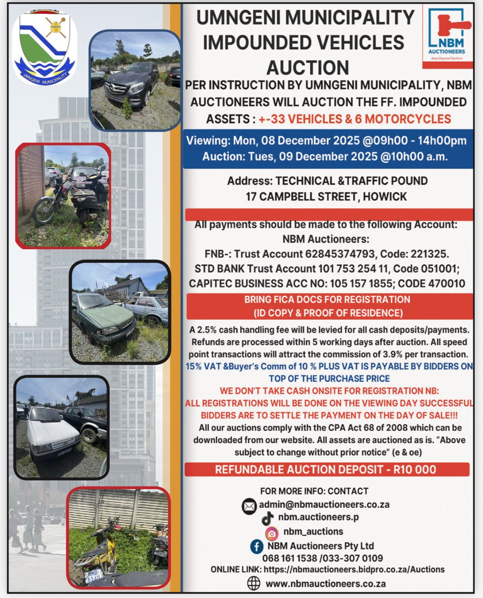 UmngeniLocal's tweet image. PUBLIC NOTICE

&amp;gt; uMngeni Municipality impounded vehicles auction. 

#MakingProgressTogether