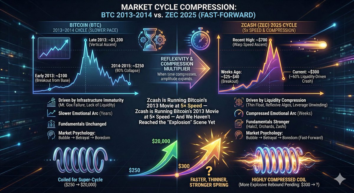 How Zcash’s $700 → $300 Crash Mirrors Bitcoin’s 2013–2014 Collapse — Only in Fast-Forward

Zcash’s $ZEC recent correction from roughly $700 down to $300 is the closest structural analogue to Bitcoin’s infamous 2013–2014 crash from $1,200 to $250 — but happening at 5× the speed