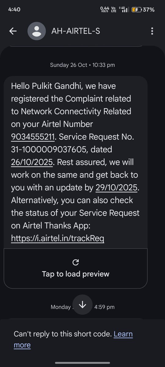 pulkit0g's tweet photo. Let’s see if Airtel takes ANY action now.
(Screenshots of my service requests attached below.) https://t.co/MY1d4AXZst
