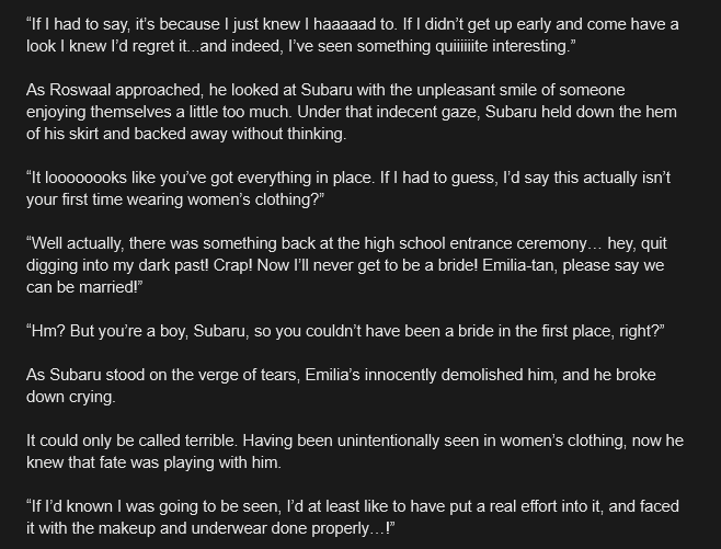 Seriously DO NOT INTERACT if you think Subaru isn't queer coded in anyway or that he's atleast non conforming like bar minimum. Otherwise I'll just assume you fake reading the series (heavy on arc 3 &amp; 7)

Btw this is me taking in general so not really direct shade towards op.