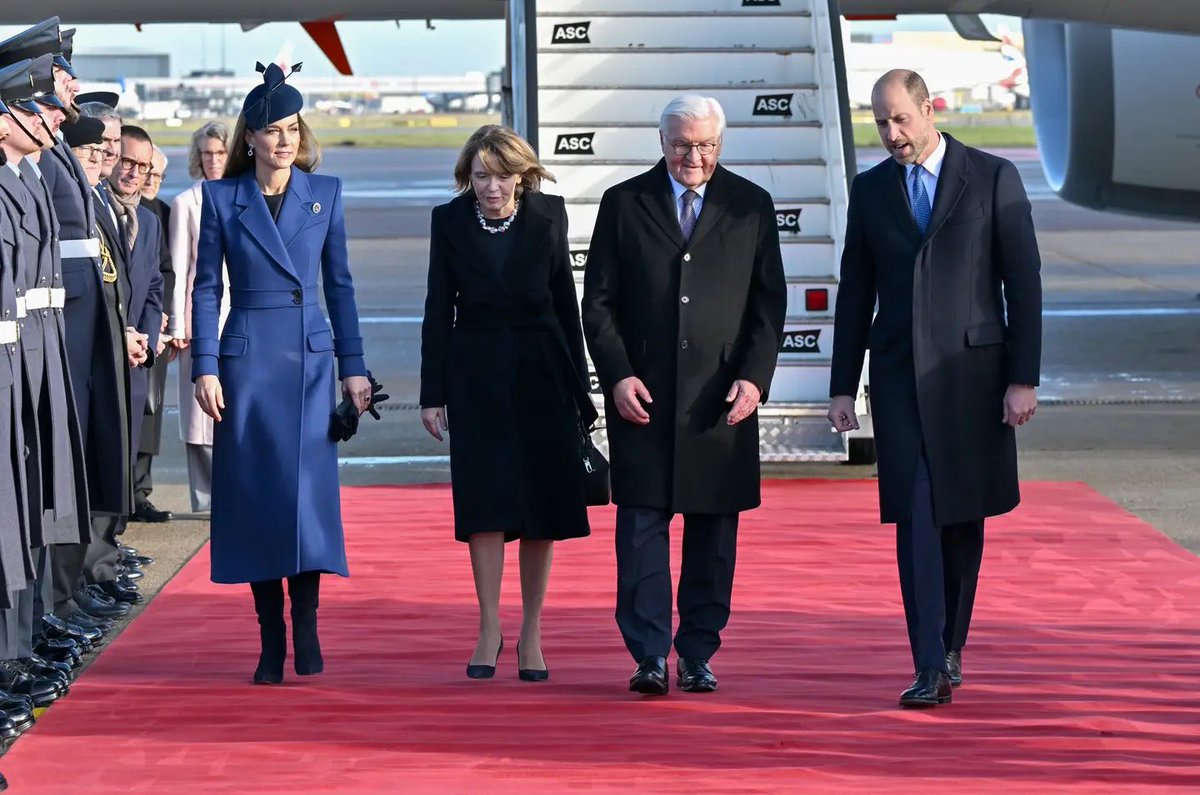 The Prince and Princess of Wales welcome the German President and First Lady to the UK today. Catherine  is wearing a dress by Burberry, coat by Sarah Burton for Alexander McQueen, earrings belonging to Diana, Princess of Wales and the Prince of Wales Feathers Brooch