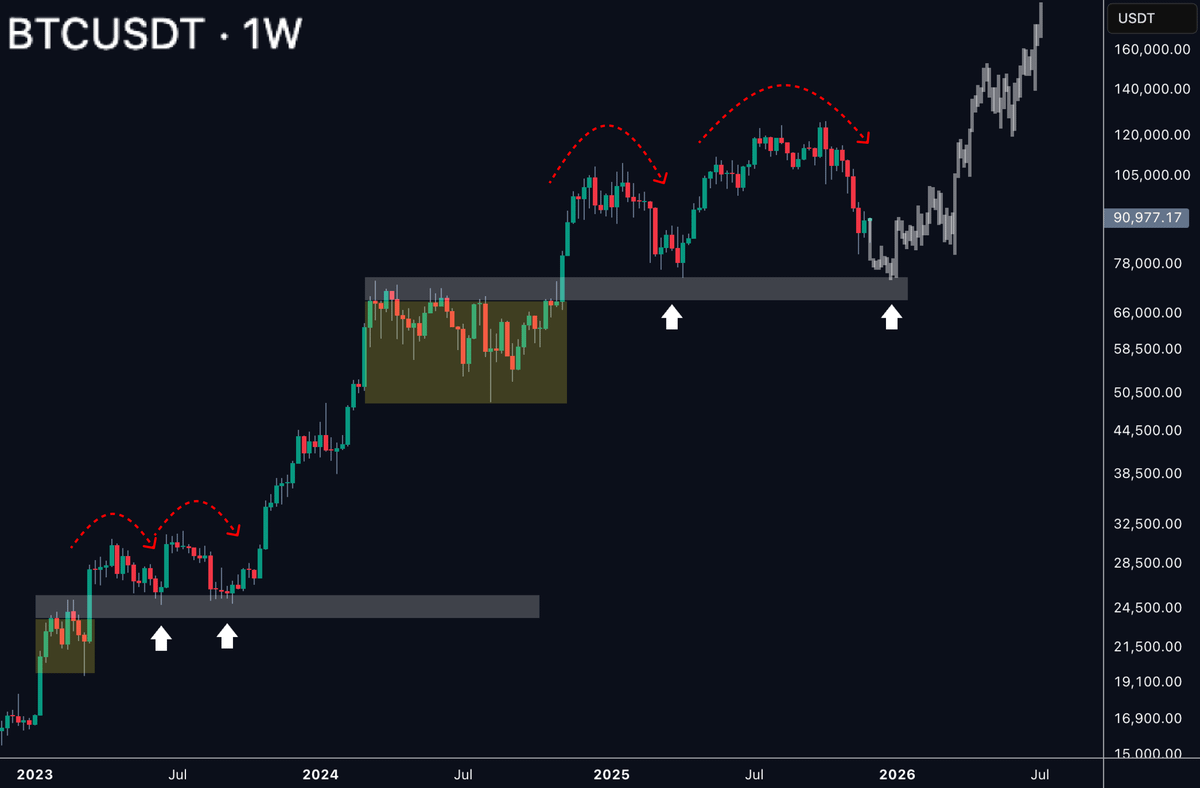 ardizor's tweet photo. $BTC

RETAIL IS IN PANIC MODE, SELLING AT KEY SUPPORT

SMART MONEY IS LOADING THE NEXT RALLY

IDENTICAL SETUP TO 2023 BREAKOUT

GET READY FOR $200,000 https://t.co/42FdICedvs