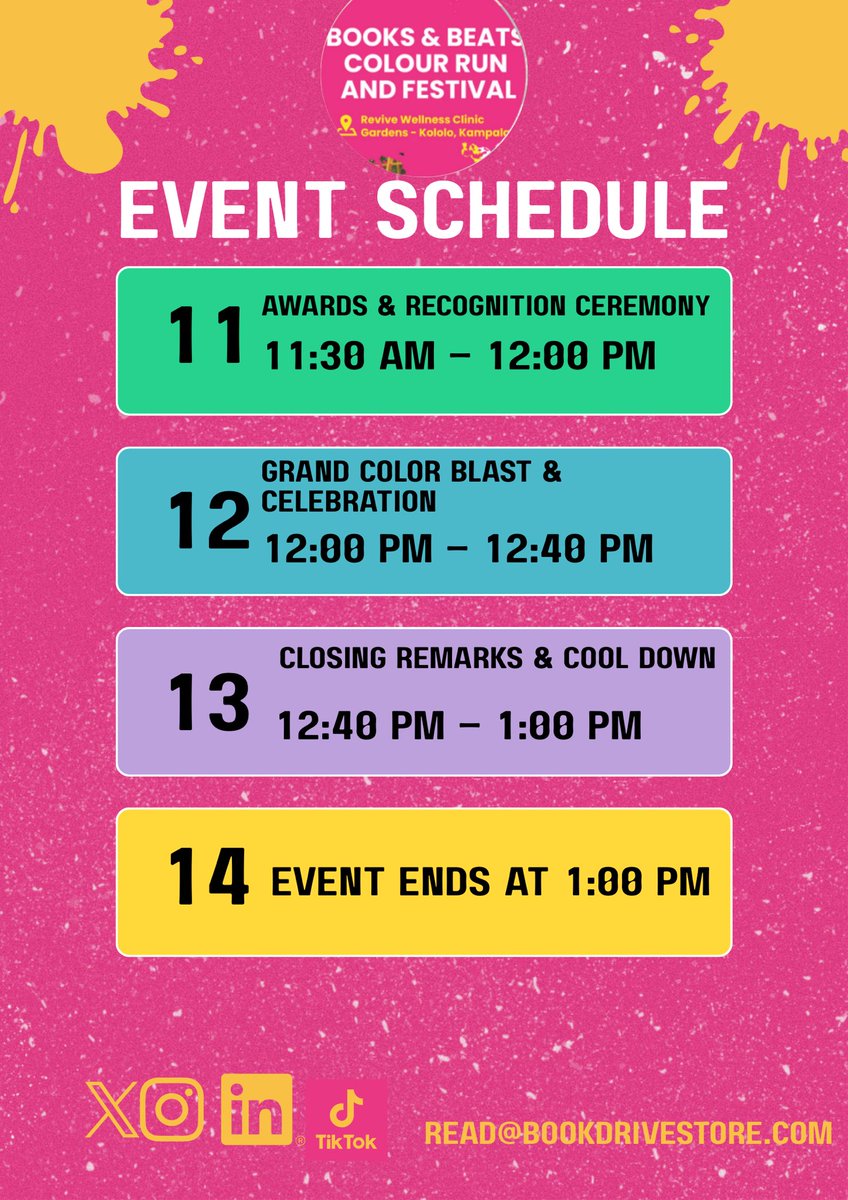 book_driveug's tweet photo. Your Books &amp; Beats Day Is Set!
 Here’s your full event agenda — from the colour run to the reading adventures and music that brings us all together.
 Save this post &amp; start planning your perfect day!
#BooksandBeats2025
#OneMillionBooks
#RunReadColor
#LiteracyForAll https://t.co/Ti2Y3m4RjF