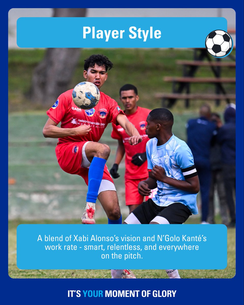 Meet Joshua Draghoender, central midfielder for Chippa United with the mindset and skill of a future star. Known for his strength, intelligence, and leadership on the field, Joshua’s ability to control the game from defence to attack sets him apart. #ItsYourMomentOfGlory