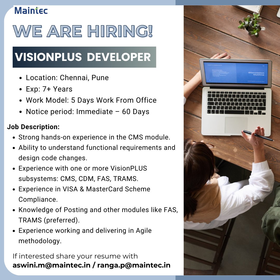 Maintec_Tech's tweet image. We are hiring!
Vision PLUS Developers 
Location- #chennai #pune
Share resume with aswini.m@maintec.in or ranga.p@maintec.in
#jobs #jobopportunity #jobopportunities #JobAlert #jobvacancy #hiringnow #hiringalert #hiring #jobopening #jobopenings #visionplus #developer