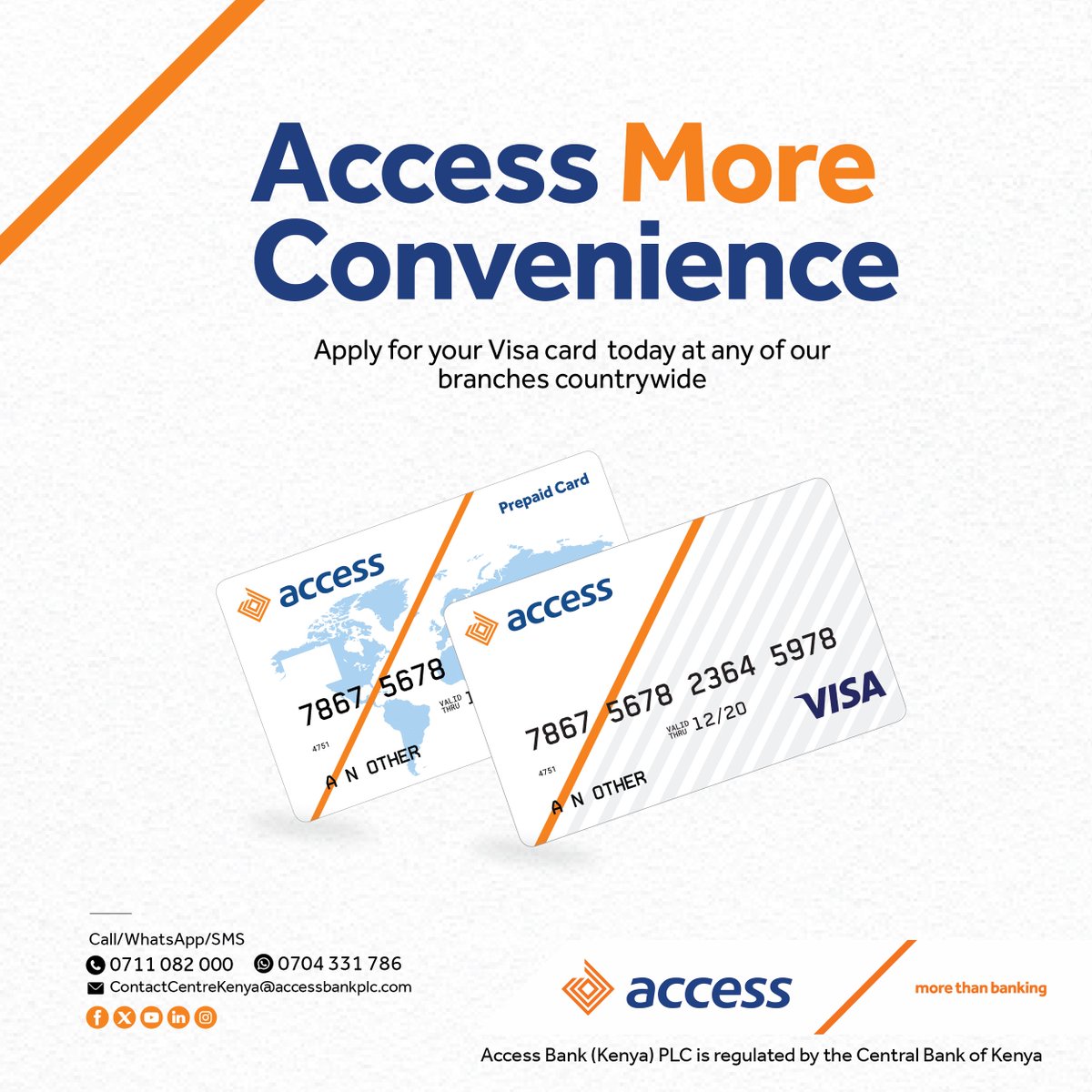This festive season, make every transaction effortless! 

With your Access Bank Kenya Visa Card, swipe, shop, and make your holidays cashless, joyful, and unforgettable!

Apply for your visa card today at any of our branches nationwide or call us on 0711 082 000 to get started!