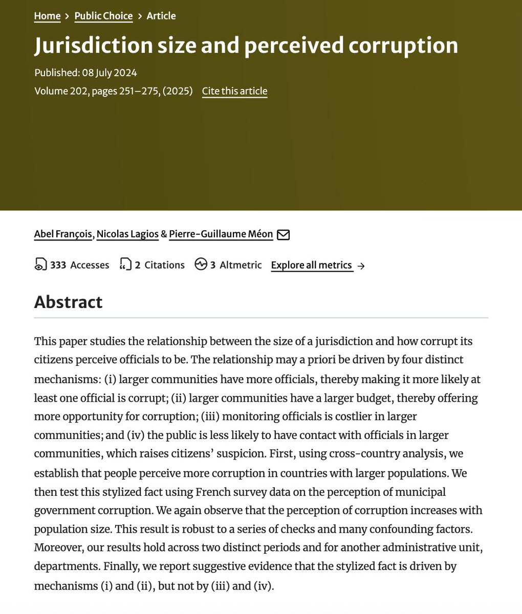 Dulbea_Ulb's tweet photo. 📢 New DULBEA ULB study: "Jurisdiction Size &amp; Perceived Corruption" by Abel François, Nicolas Lagios &amp; Pierre-Guillaume Méon.

Larger populations → higher perceived corruption via more officials &amp; bigger budgets.

📄 https://t.co/DDCZcxncfl

#PublicChoice https://t.co/tGTggNo2M8