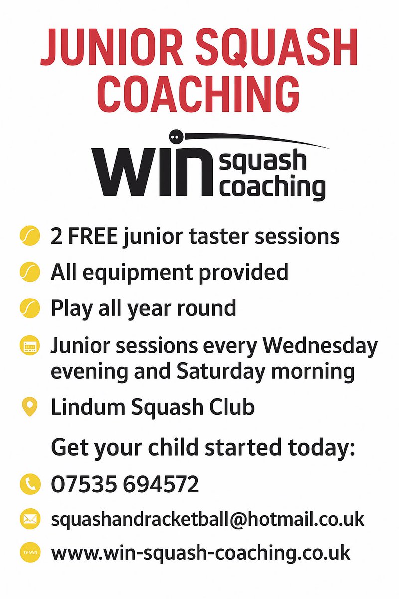 SquashWin's tweet image. Lindum Squash Club is buzzing every Wednesday night with junior coaching!
If you know a young player who wants to try squash, we offer two free taster sessions with our brilliant coaches.
Spread the word and help grow our junior squash community! 🙌