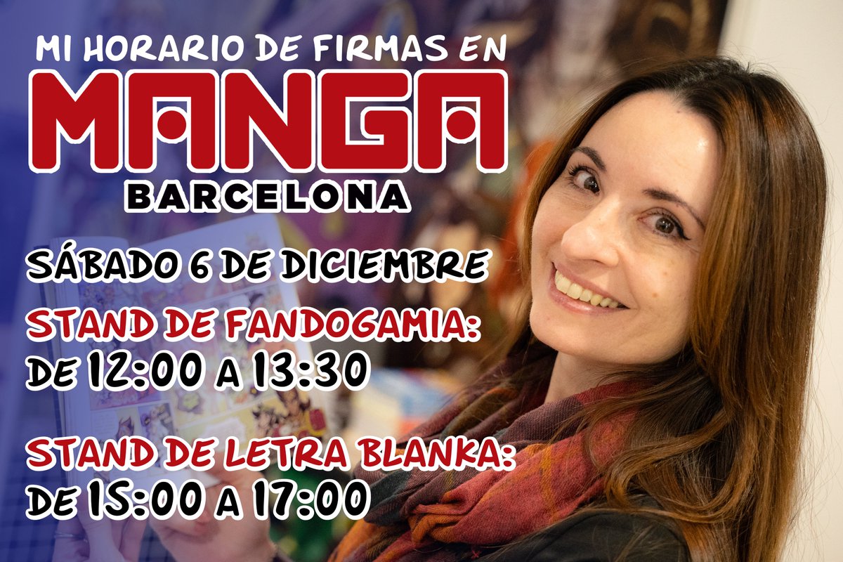 ¡Muy buenas, gente hermosa! Nos vemos el próximo sábado 6 de diciembre en <a href="/MANGAbcn/">Manga Barcelona</a>. Aquí tenéis mi horario de firmas: 
🔶De 12:00 a 13:30 en el stand de <a href="/Fandogamia/">Fandogamia Editorial</a>   (Demon Quest).
🔶De 15:00 a 17:00 en el stand de <a href="/Letrablanka/">Letrablanka Studio</a> (Hell's Rain). Junto a Gabriel Gamora.
¡Nos vemos!