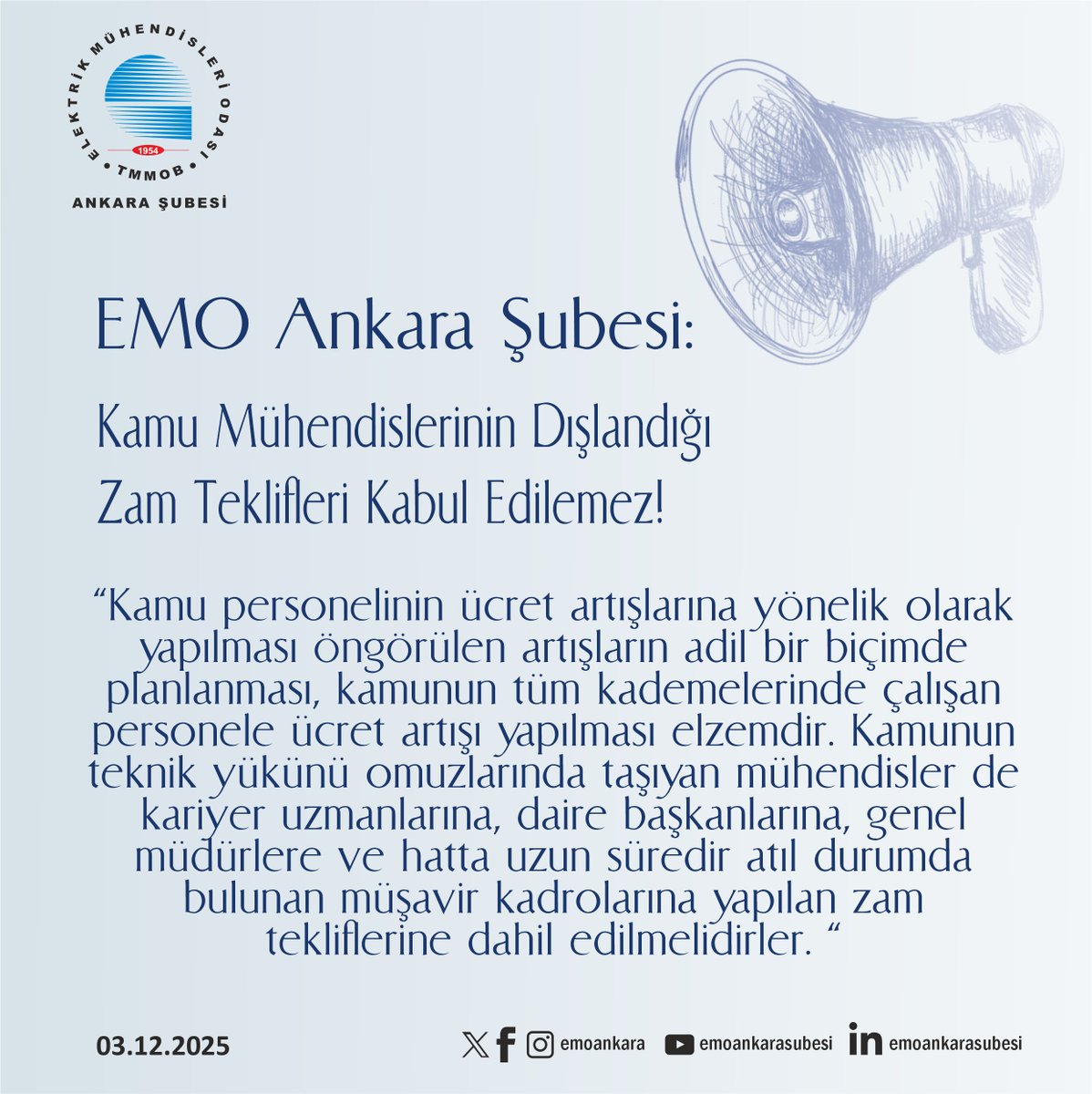 EMO Ankara Şubesi, 3 Aralık 2025 tarihinde “Kamu Mühendislerinin Dışlandığı Zam Teklifleri Kabul Edilemez!” başlıklı açıklama yaptı. Açıklama için linke tıklayınız. <a href="/emoankara/">EMO Ankara Şubesi</a> emo.org.tr/genel/bizden_d…