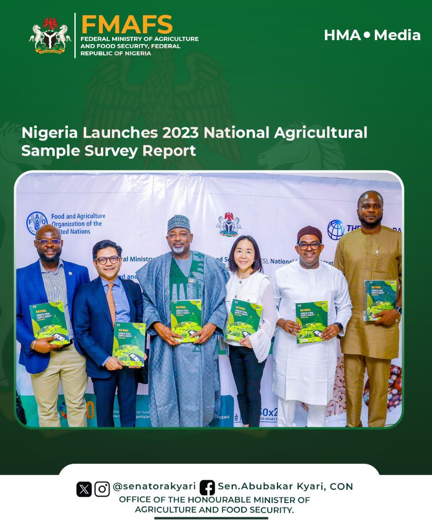 SenatorAKyari's tweet photo. We have officially launched the National Agricultural Sample Survey (NASS) 2023 Report at the United Nations Building in Abuja.

The survey, conducted with the NBS, FAO, and World Bank, provides detailed insights across all states on crops, livestock, fisheries, and forestry. Key findings show cassava leading major-season production with over 21 billion kg, while onions topped the minor season with 2.67 billion kg.

This data will guide smarter policies and targeted interventions as we advance President Bola Ahmed Tinubu, GCFR’s, Renewed Hope Agenda. I appreciate all partners and especially our hardworking farmers whose efforts continue to sustain our nation.