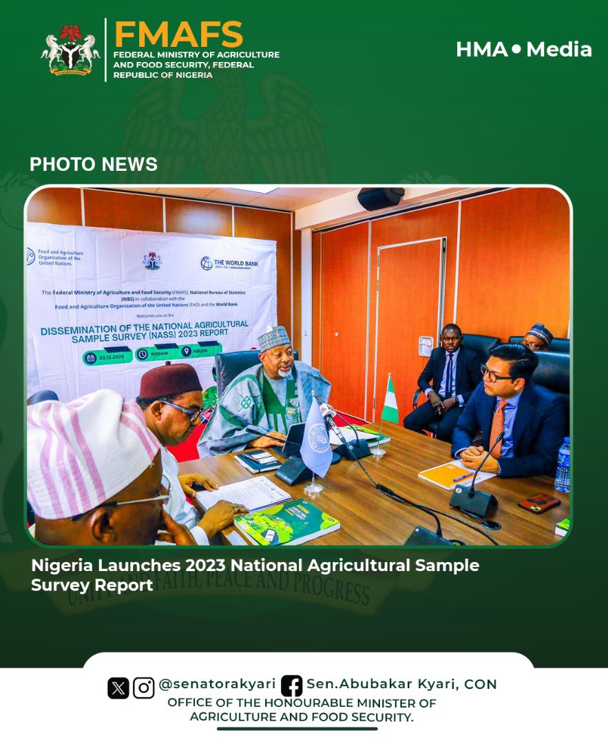SenatorAKyari's tweet photo. We have officially launched the National Agricultural Sample Survey (NASS) 2023 Report at the United Nations Building in Abuja.

The survey, conducted with the NBS, FAO, and World Bank, provides detailed insights across all states on crops, livestock, fisheries, and forestry. Key findings show cassava leading major-season production with over 21 billion kg, while onions topped the minor season with 2.67 billion kg.

This data will guide smarter policies and targeted interventions as we advance President Bola Ahmed Tinubu, GCFR’s, Renewed Hope Agenda. I appreciate all partners and especially our hardworking farmers whose efforts continue to sustain our nation.