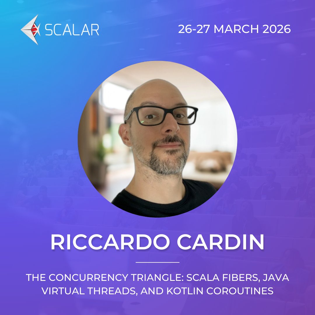 scalarconf's tweet image. Welcome @riccardo_cardin as the #Scalarconf 2026 speakers! 

🎙️ The Concurrency Triangle: Scala Fibers, Java Virtual Threads, and Kotlin Coroutines

🎟️ Grab your ticket here: scalar-conf.com/tickets

#scala #functionalprogramming