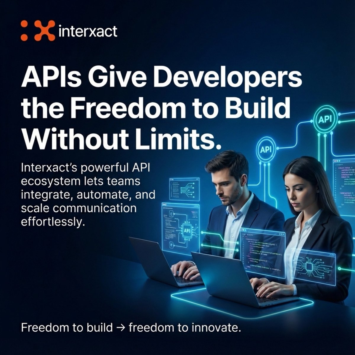 Interxact_com's tweet photo. Developers build the future - when they have freedom. 🚀

Interxact APIs let them integrate, automate &amp; scale faster.

Empower developers.
Accelerate innovation.
Build smarter with Interxact.

#Interxact #APIs #DeveloperTools #BuildWithAPIs https://t.co/OvUZY9gm1j