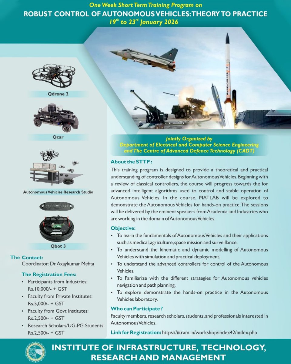 IITRAM191595's tweet image. This training program is designed to provide a theoretical and practical understanding of controller designs for Autonomous Vehicles.

#AutonomousVehicles #IITRAM #AVControllerDesign