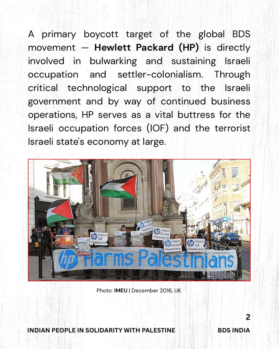 BDS_in_India's tweet photo. Boycott HP for being complicit in Israeli apartheid & genocide!
Hewlett Packard (HP) is directly involved in bulwarking & sustaining Israeli illegal occupation & settler-colonialism.
#FreePalestine #BoycottHP #BoycottIsrael #GenocideInGaza #FakeCeasefire #IndiansWithPalestine https://t.co/Mzj8EknbH0