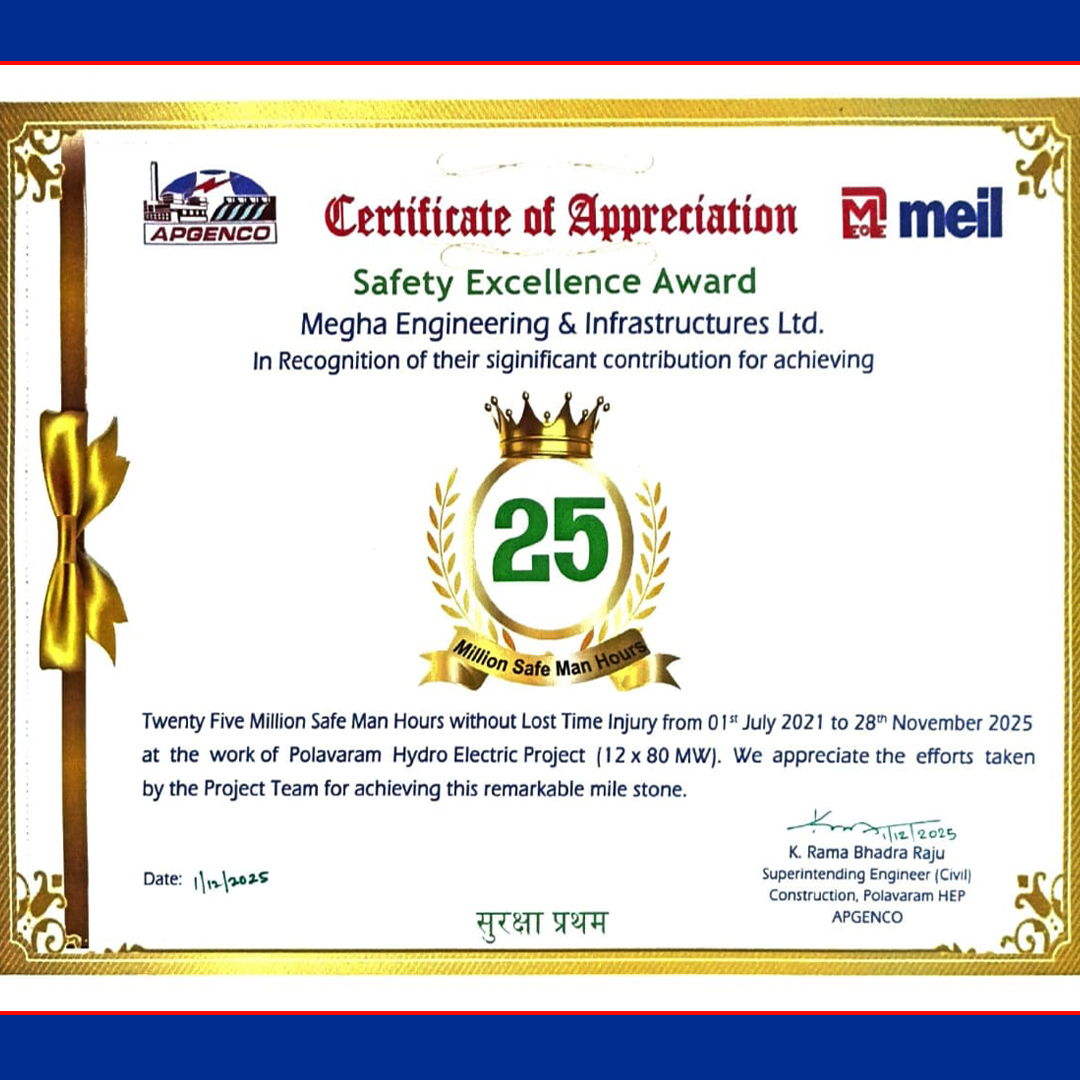 MEIL_Group's tweet photo. The Polavaram Hydroelectric Project, being executed by MEIL group, has achieved a remarkable safety milestone by securing a certificate for 25 million safe man-hours from APGENCO.

This recognition reflects MEIL Groups’s strong commitment to maintaining the highest standards of Health, Safety, and Environment (HSE) practices across all project activities.

#Polavaram #HydroelectricPower #Safety #AndhraPradesh #SafeManHours #APGENCO #MEILGroup #MEIL #MeghaEngineering