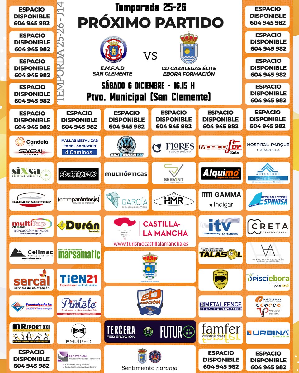 ⏭⚽ PRÓXIMO PARTIDO
🚍Retomamos el pulso a la competición liguera visitando tierras conquenses
💪🏻Confianza en traernos el primer triunfo de la temporada a domicilio

3ª RFEF |2️⃣5️⃣-2️⃣6️⃣|G18|J14
📆 Sábado, 6 de diciembre
 🕟 16.15
🏟 Pvto. Municipal San Clemente
🆚 <a href="/AD_SanClemente/">A.D. San Clemente Oficial</a>