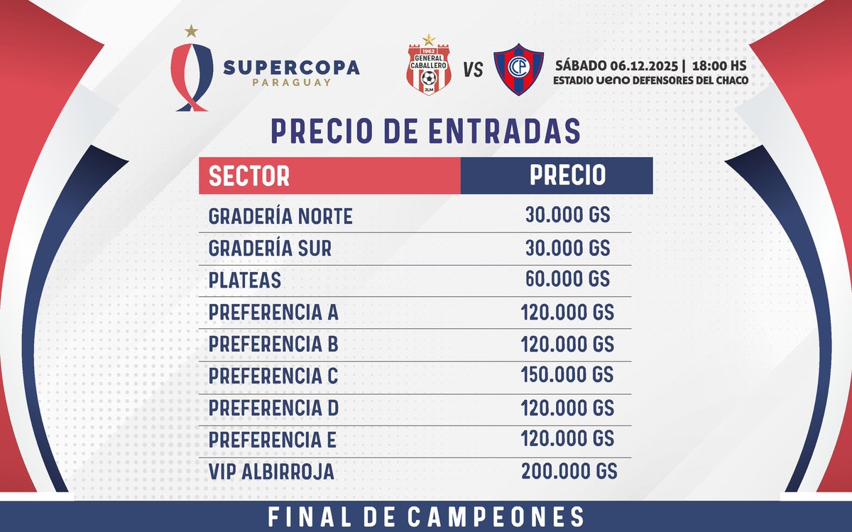 ¡Se acerca el momento decisivo! ⏳

🎟 Ya están habilitadas las entradas para la Final de Campeones: <a href="/clubgeneral_jlm/">Club General Caballero de JLM</a> vs <a href="/CCP1912oficial/">Club Cerro Porteño</a>.  

Adquirí la tuya exclusivamente a través de <a href="/tutiparaguay/">tuti</a>: bit.ly/44LHum5

¡No te quedes afuera del partido que definirá al próximo