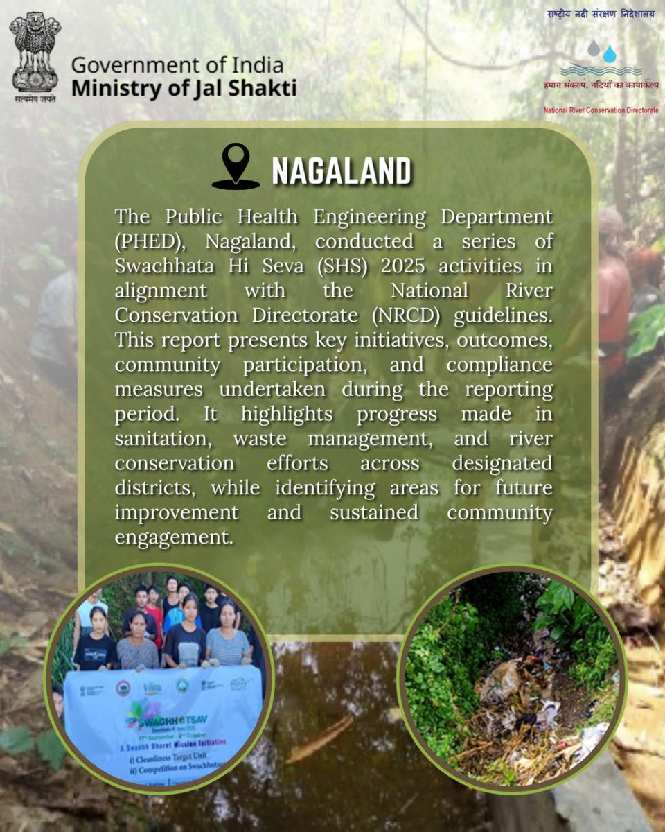 Nagaland steps up for cleaner, greener communities under SHS 2025.
#SwachhataHiSeva #JalShakti
<a href="/MoJSDoWRRDGR/">Not Ministry of Jalshakti Anymore</a> <a href="/swachhbharat/">Swachh Bharat Mission - Grameen</a>
@PHEDNagaland <a href="/mygovindia/">MyGovIndia</a>
<a href="/cleanganganmcg/">Namami Gange</a>