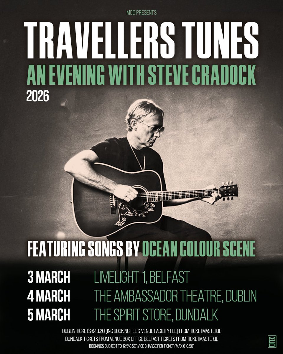 OCSmusic's tweet image. Ireland OCS fans! Steve will be bringing his Travellers Tunes - An Evening with Steve Cradock tour over to your shores in March. Expect songs from Ocean Colour Scene and Paul Weller, plus honest conversation and stories from the road.
Head to stevecradock.com for tickets✌️