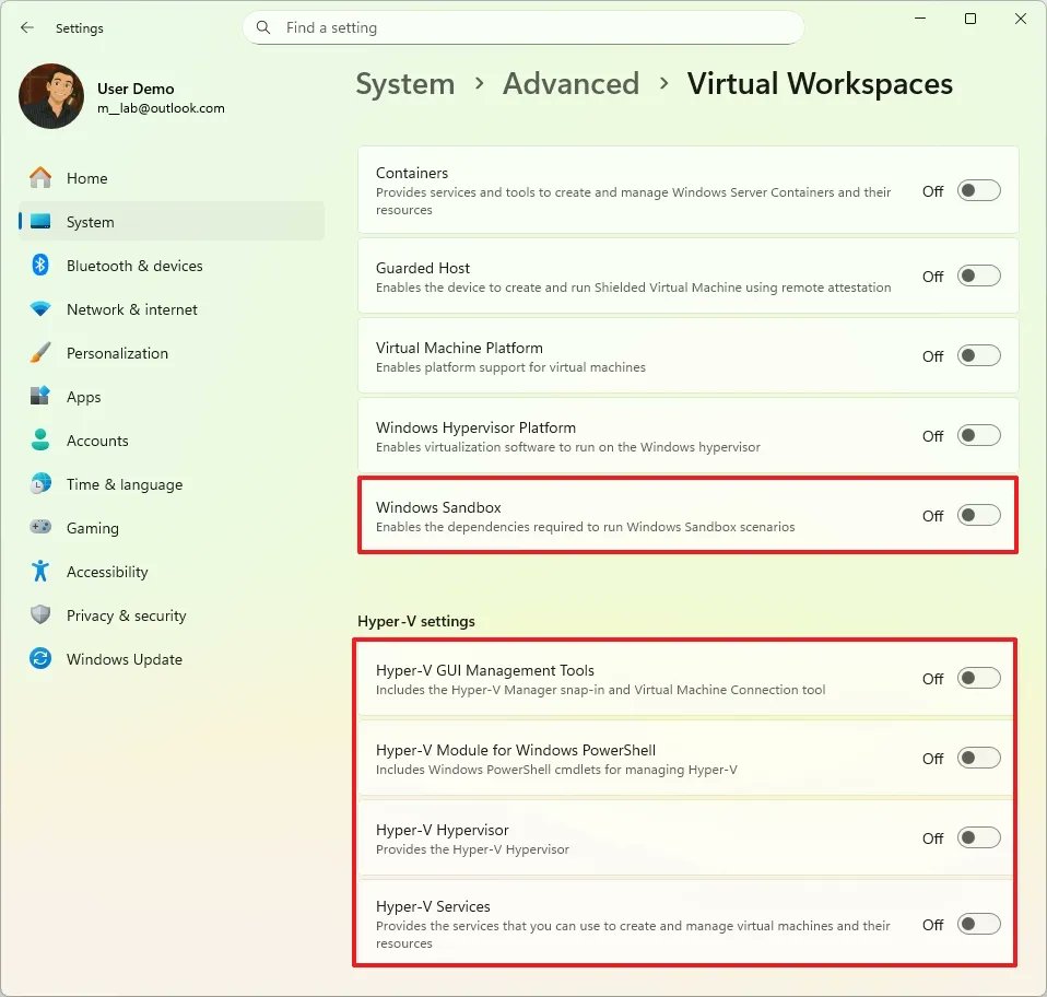 Pureinfotech's tweet image. Windows 11 December 2025 update (KB5070311) introduces a new Virtual Workspaces page in Settings with options to enable virtualization features (Sandbox, Hyper-V, etc.). No more opening legacy &quot;Windows Features&quot; page to turn on these features.
