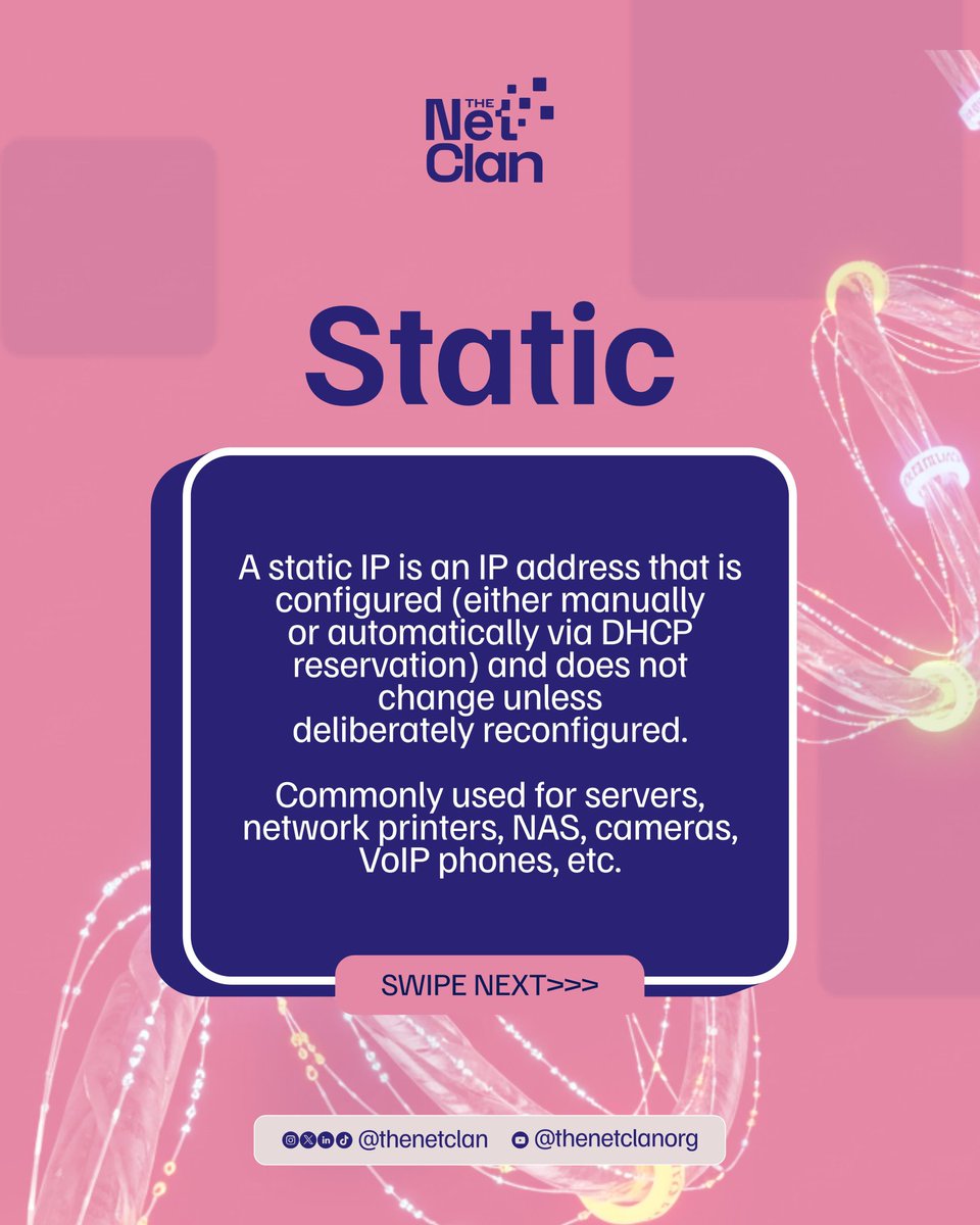 thenetclan's tweet image. Your IP address may change... unless it’s static. 
Here’s what that means.
#LiNE #netclan #networkengineering #engineering #static #dynamic