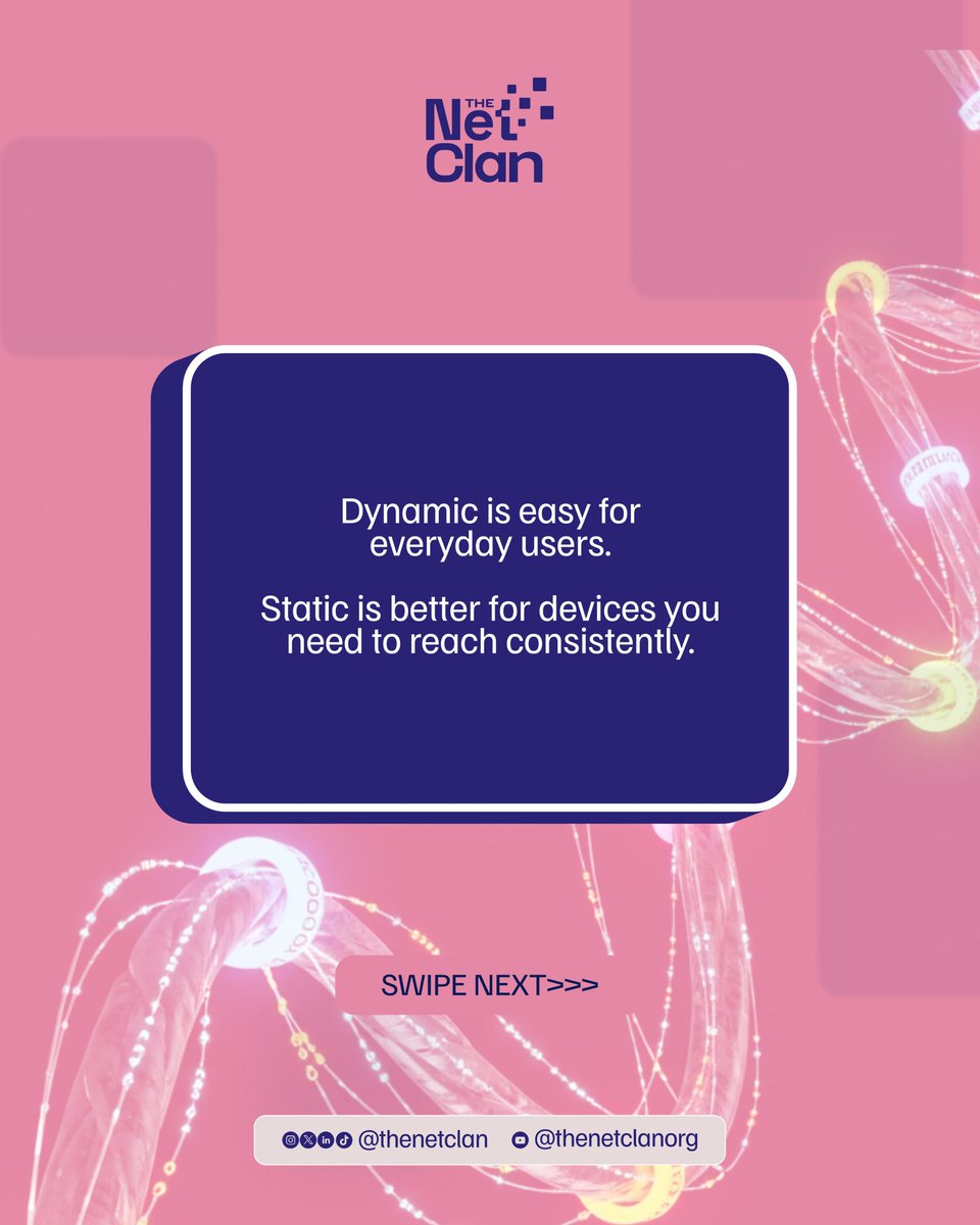 thenetclan's tweet image. Your IP address may change... unless it’s static. 
Here’s what that means.
#LiNE #netclan #networkengineering #engineering #static #dynamic