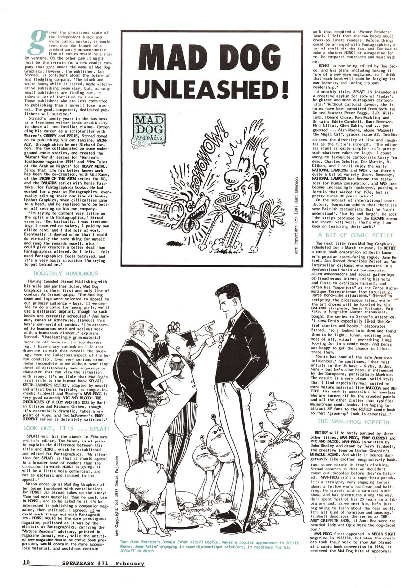 David_HPrice's tweet photo. SPEAKEASY #68
Editor: Cefn Ridout, Dick Hansom, Bambos Georgiou
Richard Ashford, Feb 1987.
In this issues News, The collapse of Black &amp; White comics, but the launch of Mad Dog Graphics. Interviews with Jan Strnad, and Jim Shooter.

Read at archive:
https://t.co/5satZMp1hb https://t.co/lbEOKYVSRh