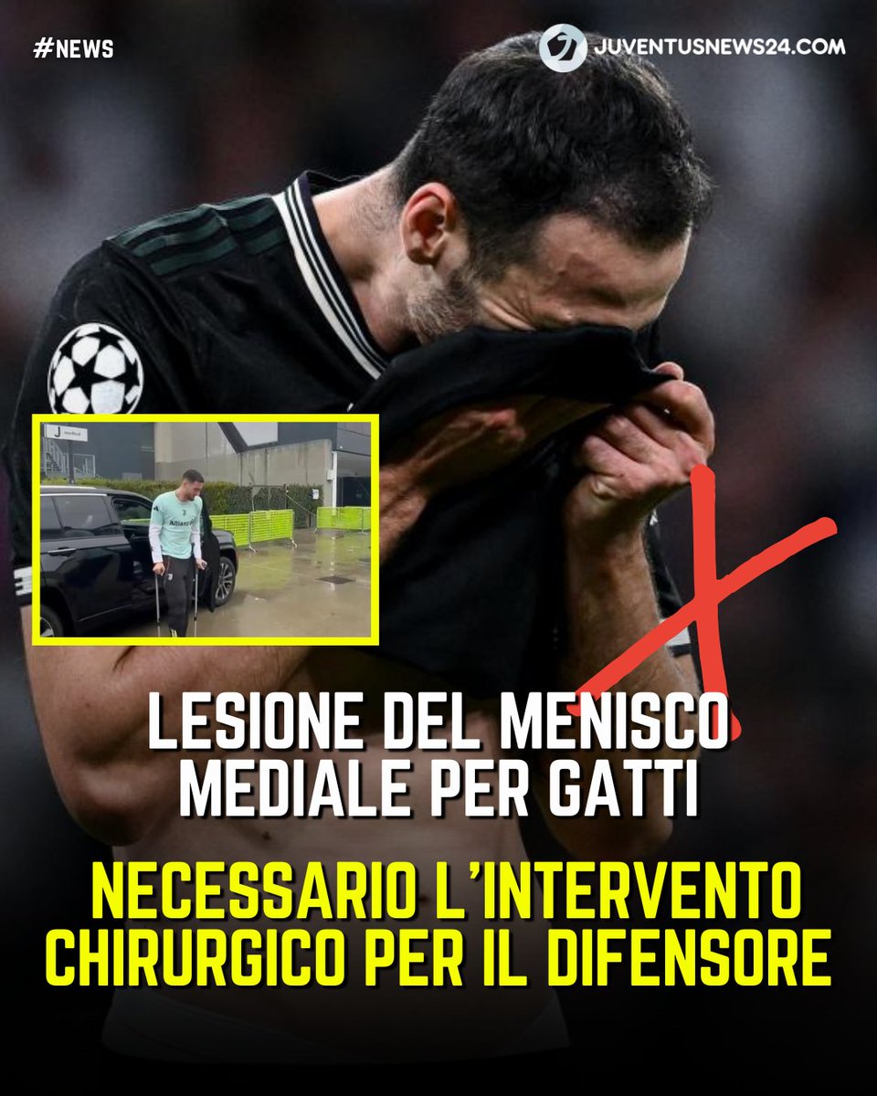 junews24com's tweet photo. 🚨 Purtroppo è ufficiale: lesione del #menisco mediale per #Gatti.
🏥 Sarà #necessario l'intervento chirurgico per il nostro difensore: un brutto colpo per la #Juventus.
🙏 Forza #Gatti, ti auguriamo una pronta guarigione e un rapido ritorno in #campo!
#Juventusnews24 https://t.co/8LhOUzcxxK