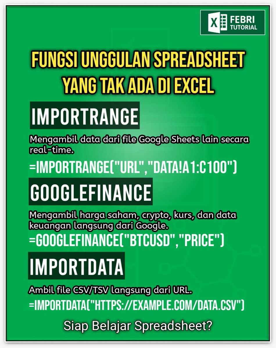 febri_tutorial's tweet image. 3 Rumus Unggulan Spreadsheets yang wajib kamu tahu !
#febriexcel #spreadsheets