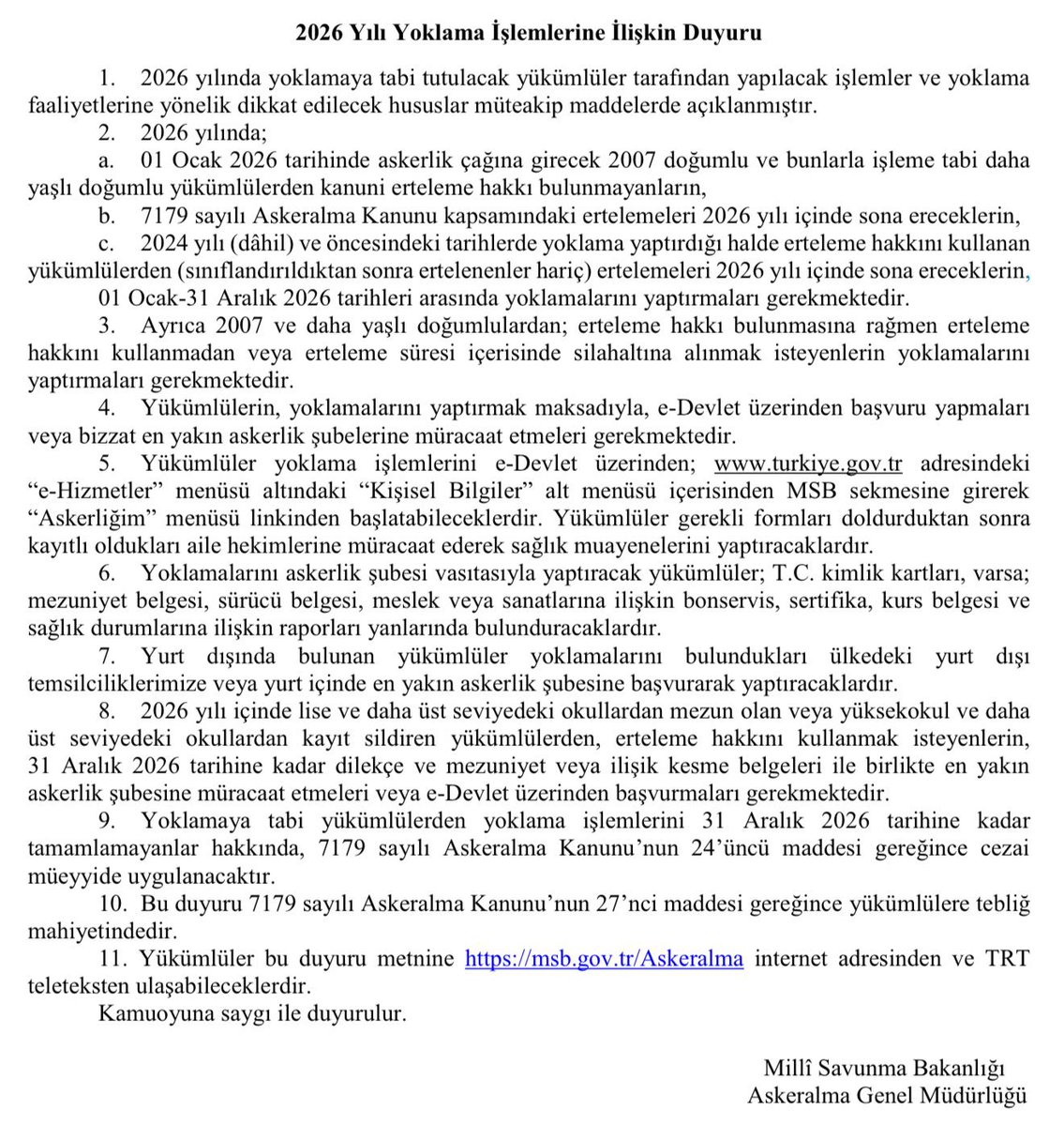 ❗️2026 Yılı Yoklama İşlemlerine İlişkin Duyuru