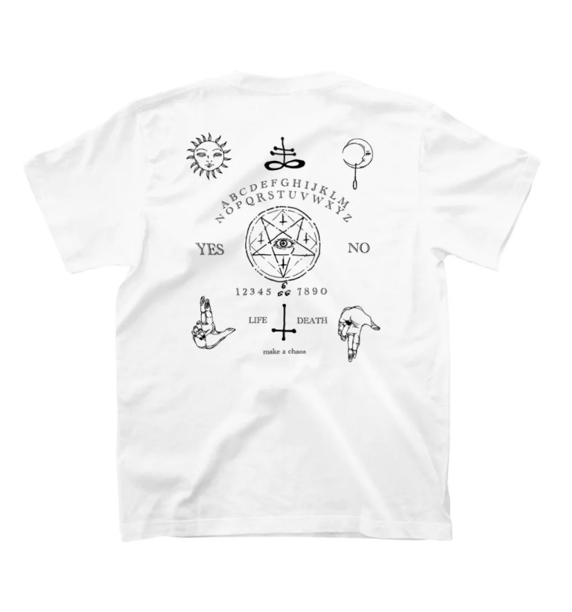 make_a_chaos's tweet photo. ウィジャボードTシャツ売れ行き好調です🙏
コレでどこでも降霊、降魔出来ますので、ぜひお手元に🤗

The Ouija Board T-shirt is selling really well!
Thank you so much!
With this shirt, you can summon spirits or demons anywhere—so make sure to grab yours!
https://t.co/qzpZgfGJAn https://t.co/zWpQs1JXS5