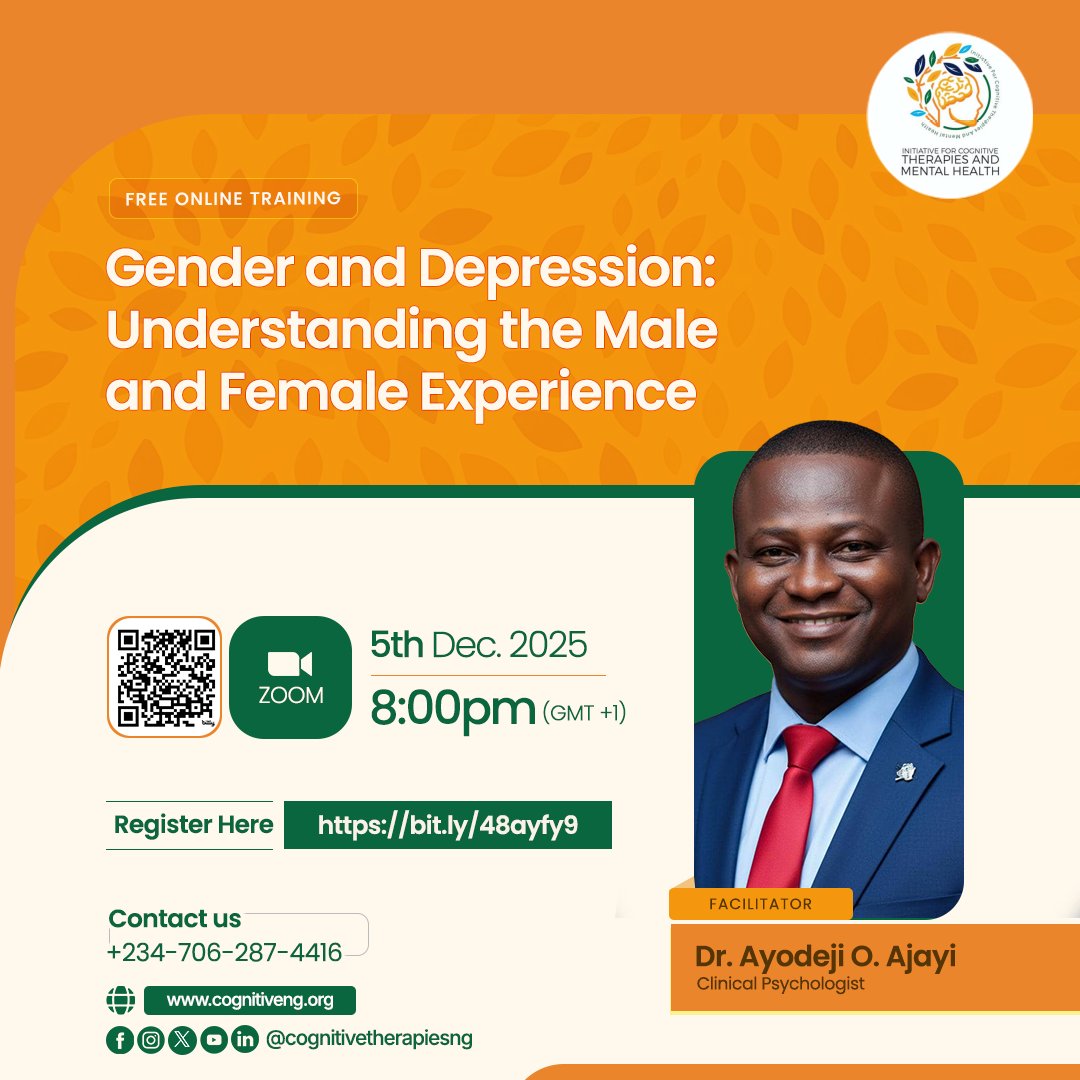 This week at ICTMH, our free Mental Health Training explores: Gender &amp; Depression, Understanding the Male and Female Experience.

Friday, 5 Dec 2025
8:00PM (WAT)
Zoom: bit.ly/48ayfy9 

For publications, events &amp; Bright Minds Corner: cognitiveng.org