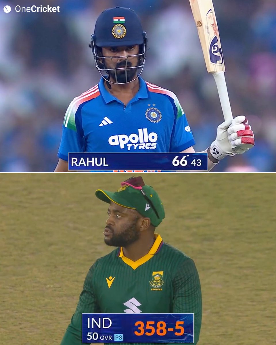 OneCricketApp's tweet photo. KL Rahul’s rapid 66, along with hundreds from Virat and Ruturaj, lifts India to a massive 358.

A huge chase ahead for the Proteas.

PC: Jiostar | #INDvsSA https://t.co/SHuddvNjxJ