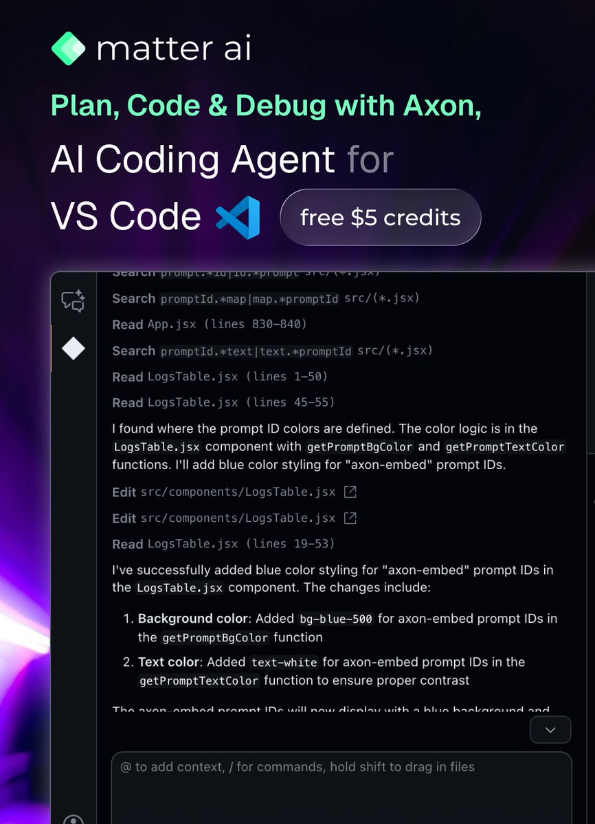 vatsalbajpai_'s tweet image. Our AI coding agent is now ready for you all! Install on VS code with $5 credits free to try!

marketplace.visualstudio.com/items?itemName…

- Supports Axon Code / Mini models
- Reasoning
- Codebase Indexing (w/ search)
- Next Gen tool calling support
-MCP servers