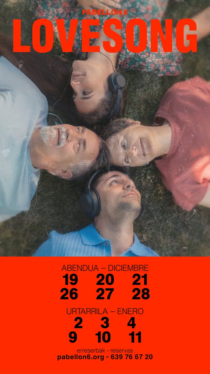 LOVESONG 
19 diciembre-11 enero

Una conmovedora historia sobre el amor y el paso del tiempo. 
bit.ly/4pwtDrZ
#teatro #pabellón6 #bilbao